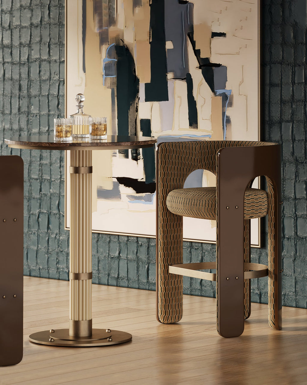 Wood and Brass Bar Stool
